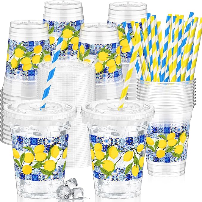 FoldTier 50 Pcs 12 oz Lemon Disposable Plastic Cups with Blue Tile Design, Lids, Straws and Leakproof Paper, Mediterranean Summer Party Supplies for Birthday Baby Shower Bridal Picnic Decorations