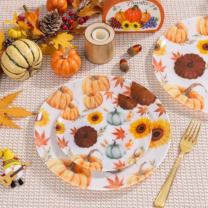 WDF 24Pcs Thanksgiving Plastic Plates - Heavy Duty Fall Plastic Plates - Gold Pumpkin and Sunflower Pattern for Thanksgiving Dinner & Parties (Pack of 2)
