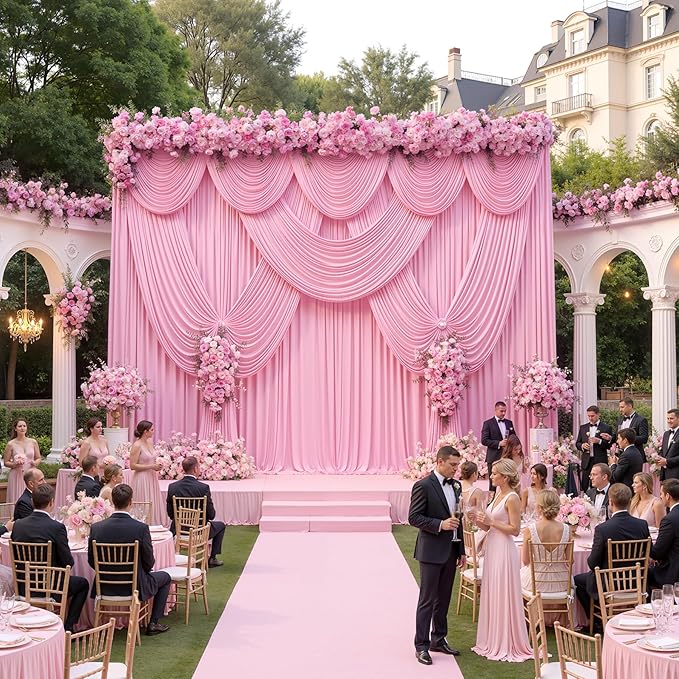 50ftx12ft Wrinkle Free Pink Backdrop Curtain, 10 Panels 12FT Height Pastel Pink Drapes for Wedding Backdrop, Silky Polyester Photo Back Drop Cloth for Birthday Party Photography Background