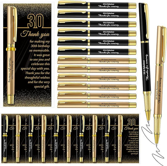 Feifeiya 30 Sets 30th Birthday Party Favor for Guest Anniversary Party Favor with Black and Gold Ballpoint Pens and Thank You Cards for Women Men Birthday Anniversary Appreciation Gifts