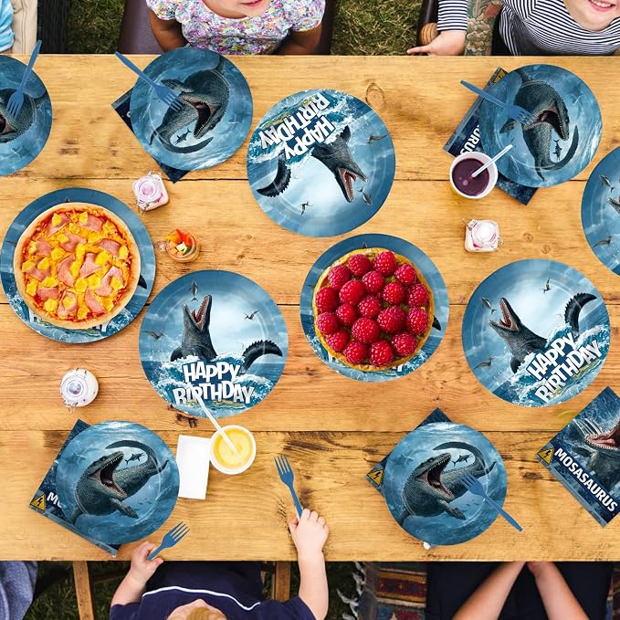 96 Pcs Mosasaurus Dinosaur Birthday Party Decoration Mosasaurus Themed Plates and Napkins Ocean Dinosaur Tableware Set for Kids Dino Birthday Baby Shower Party Supplies, Serves 24
