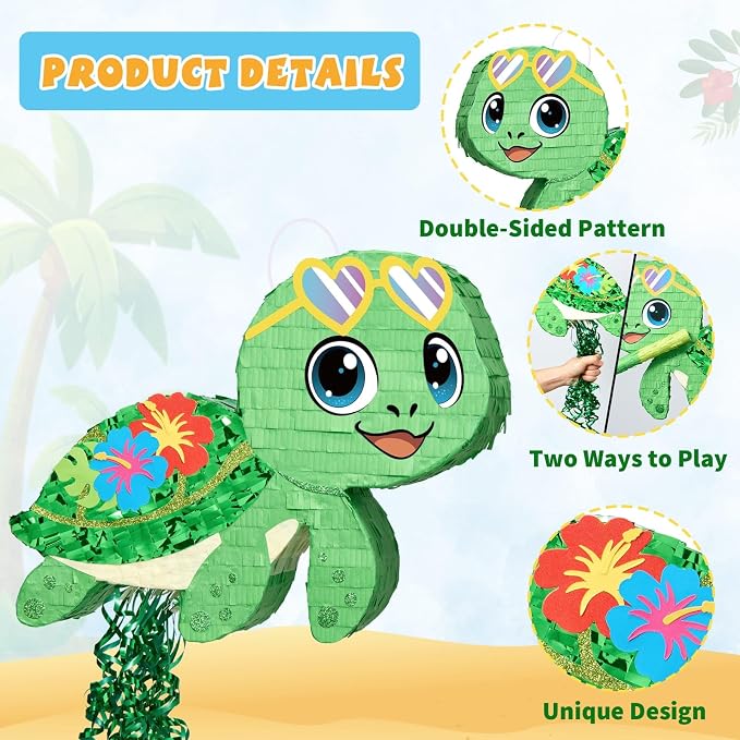 WERNNSAI Turtle Piñata - Ocean Party Decorations Hawaiian Turtle Piñata with Blindfold and Stick for Hawaiian Birthday Decorations Summer Tropical Pool Party Luau Carnival Supplies