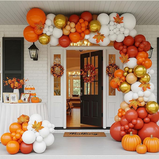 Kozee Fall Burnt Orange and Gold Garland Arch Kit 143pcs Double Stuffed Terracotta white peachy almond balloons for Autumn Boho Baby Shower Bridal Shower Thanksgiving decorations