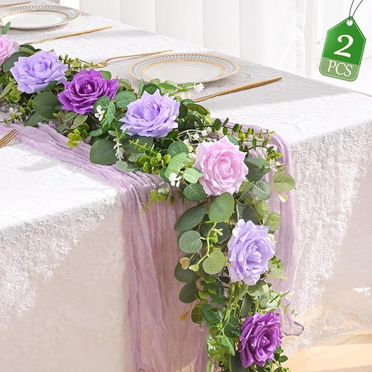 Livole 2Pcs 13 FT Artificial Flower Garlands Real Touch Fake Floral Silk Purple Rose Garland Hanging Vine for Wedding Table Centerpieces Party Arch Ceremony Garlands Backdrop Decor