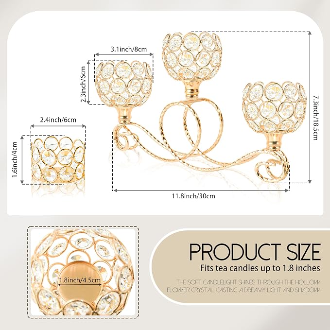 Gold 2 Pcs-3Arm Metal Crystal Tea Light Candle Holder, Elegant Wedding Table Centerpiece Candle Holder, Christmas Wishing Crystal Bowl Candle Holder Suitable for Wedding Party Living Room Decoration