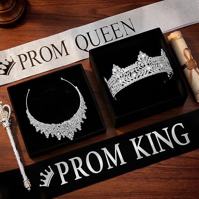 Retrowavy 4 Pcs Prom King and Queen Crown Set with Sashes Prom King Queen Sash and Tiara Set for 2026 Grad Birthday Carnival Wedding Costume Accessories(Silver)