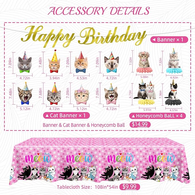 Cat Birthday Decorations, Cat Party Supplies with 9" & 7" Plates, Napkins, Tablecloth, Cake Topper, Pre-assembled Banner & Honeycomb Centerpieces for Cat Themed Birthday Party Decorations