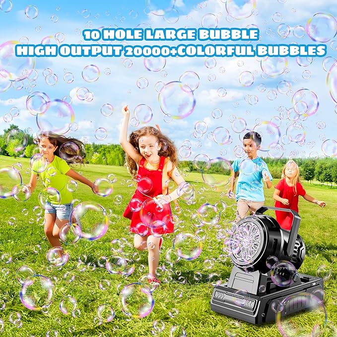 SHCKE Automatic Bubble Machine 10 Holes Bubble Blower,45° Adjustable,Dual Power USB-C or 4 AA Batteries,Top-Fill Portable Bubble Maker for Outdoor Birthday Party Pool Wedding Camping