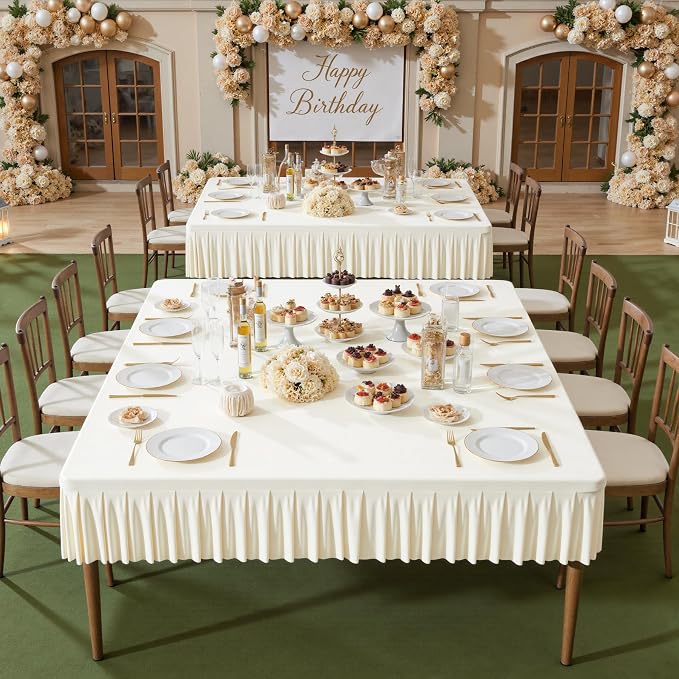 Shillance 60x60 Inch Ivory Spandex Square Tablecloth,Wrinkle Free Ivory Fitted Table Cloth for Square Tables,Washable Pleated Table Cover for Wedding Birthday Cocktail Party Buffet Dinner Camping