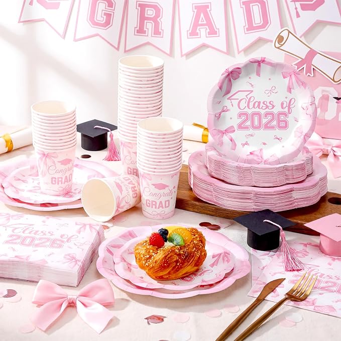 Newtay 250 Pcs Pink Bow Graduation Disposable Plates and Napkins Pink Congrats Grad Disposable Tableware Set for 50 Guests Paper Plates Napkins Cups for Girls Nurses Graduation Party Supplies