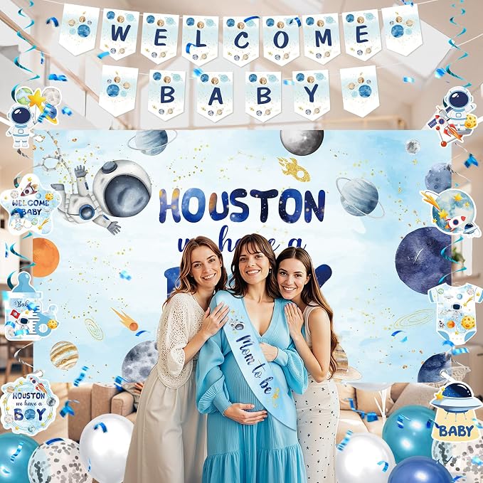 Outer Space Baby Shower Decorations for Boy Space Astronaut Welcome Baby Banner and Hanging Swirls Honeycomb Centerpiece Houston We Have A Boy Backdrop Mom To Be Sash for Party Supplies