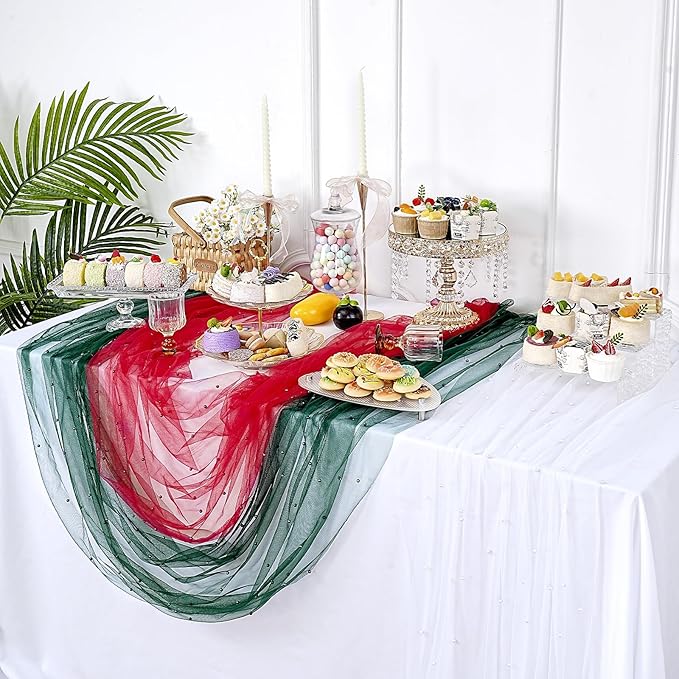 Pearl Table Runner Tulle Fabric: 10ft Pearl Kitchen Linen 29x120 Inch 12pcs Emarald Green Sheer Gauze Fabrics for Wedding Decor Birthday St. Patrick's Day Party Dining Table Cover