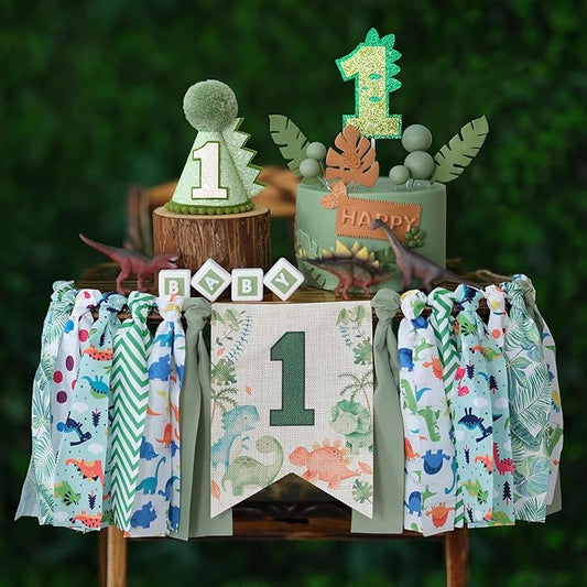 Dinosaur Theme 1st Highchair Banner Tassel Garland Dino Conical Cap Cake Topper Green First Dinosaur Birthday Decorations