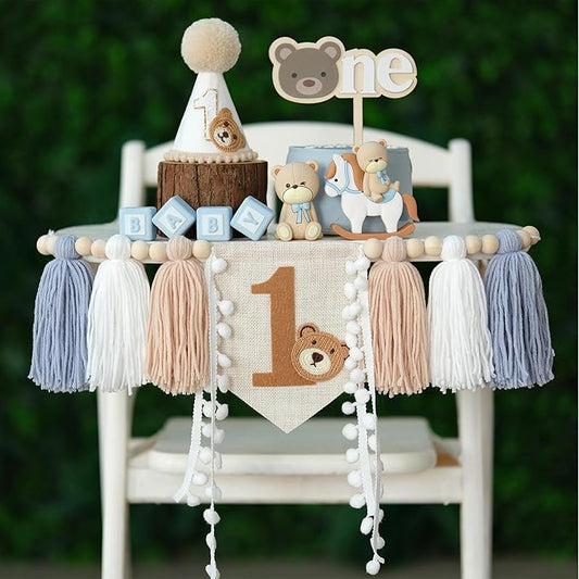 First Birthday High Chair Banner Decorations Baby Boy with 1st Felt Birthday Hat and Cake Topper Blue Khaki for One Year Old Bear Theme Party Decor