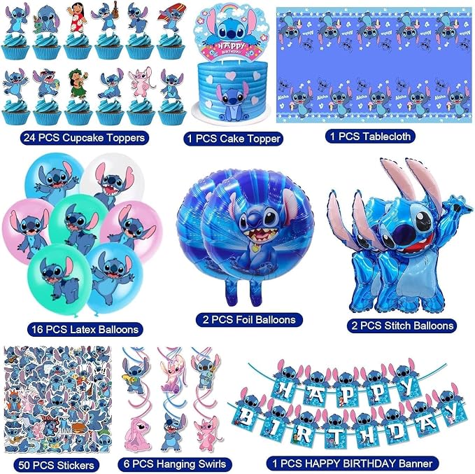 103PCS Stitch Party Supplies, Birthday Decorations Set Include Banner, Balloons, Stickers, Hanging Swirls, Cake Cupcake Toppers, Tablecloth for Boys Girls Stitch Theme Party