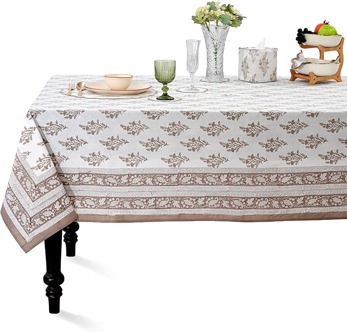 Ridhi Block Print Quiet Earth Rectangle Cotton Tablecloth 120" x 60" Reusable Table Cover Decorative Everyday Use for Dining, Farmhouse, Home Gift for Spring, Easter, Valentine