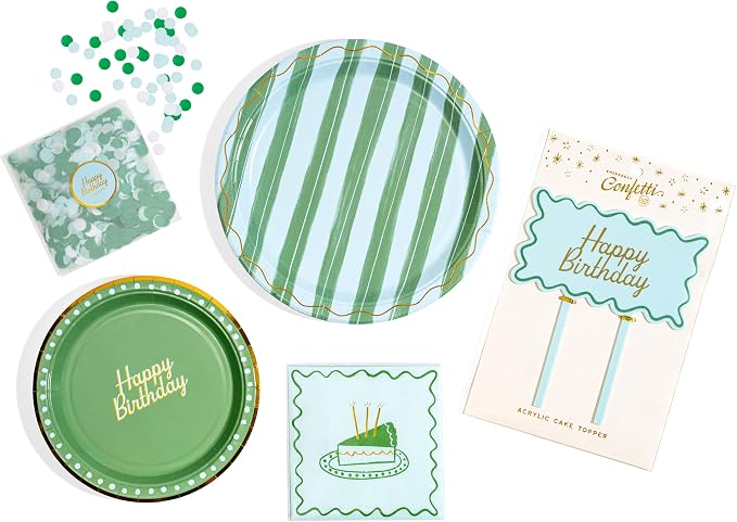 Birthday Party Celebration, Stylish Tableware Set for 8 Guests – Blue/Green