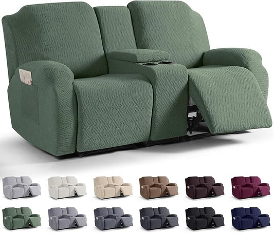 KinCam Loveseat Recliner Covers with Middle Console Slipcover, Recliner Sofa Covers 2 Seat Couch Cover Stripe Jacquard Furniture Protector Covers with Elastic Bottom for Kids, Pets (Greyish Green)