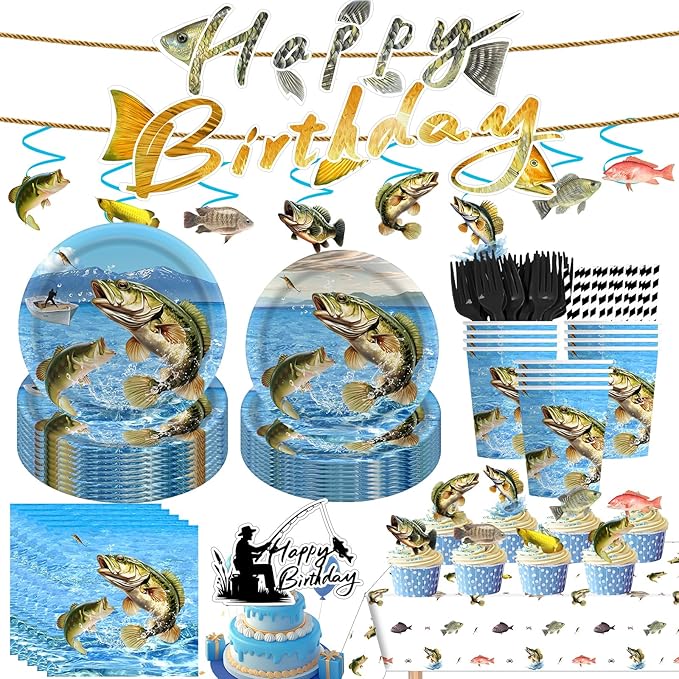 139Pcs Fishing Birthday Party Decorations Tableware Set Serves 20 Guests, Ofishally One Birthday Decorations includes Banner, Plates, Cake Topper, Cupcake Toppers, Gone Fishing Supplies for Boy