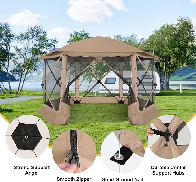 COBIZI 12x12 FT Pop Up Canopy Stargazing Tent, Gazebos On Clearance with Removable Roof,Instant Screened in Gazebo, Screen Tents Portable carpas para Patio for Outdoor Camping,Backyard, Garden, Khaki