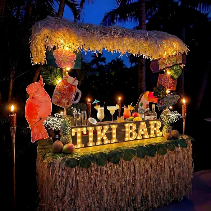 Honoson 7 Pcs Hawaiian Luau Tiki Party Decoration Tiki Bar LED Light Sign Hawaii Summer Tropical Table Lights up Sign for Summer Pool Beach Hawaiian Themed Party Supplies