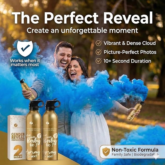 Gender Reveal Smoke Bombs Set – 2 Pack Gender Reveal Fire Extinguisher Spray (Blue, 150g Each) – Non-Toxic Cornstarch Cloud for Baby Boy Reveal Party Ideas, Pregnancy Announcement – Stickers Included