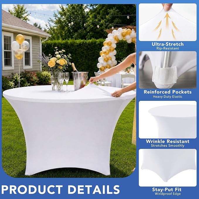 Fitted Table Cloth Round Cover 6ft-Spandex Elastic Table Covers 6 Pack 72 Inch-White Small Stretch Folding Tablecloth for Weddings Banquets Restaurant Event Parties Vendor Stand Tables
