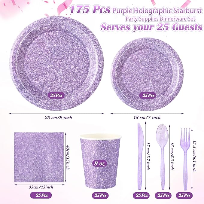 Hushee 175 Pcs 25 Guests Pastel Purple Paper Party Plates and Cups Napkins Sets Holographic Glitter Disposable Dinnerware Plastic Forks Knives Spoons Birthday Bachelorette Wedding Party Supplies