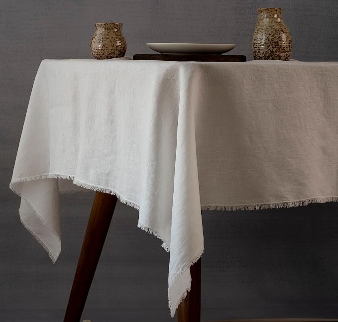 Off-White Linen Tablecloths with Fringe for Coffee Tables, 55x55 Inch 100% Linen Small Table Cloth for Party, Machine Washable, Soft, Luxury, Christmas, Winter,Thanksgiving