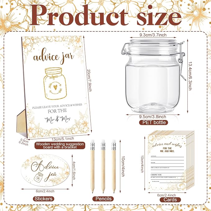 Jetec 74 Pcs Advice and Wishes for the Mr and Mrs 60 Pcs Wedding Advice Cards Advice and Wishes Jar Box Bridal Shower Advice and Wishes Cards for Bride and Groom Bridal Shower Decor(Gold Flower)