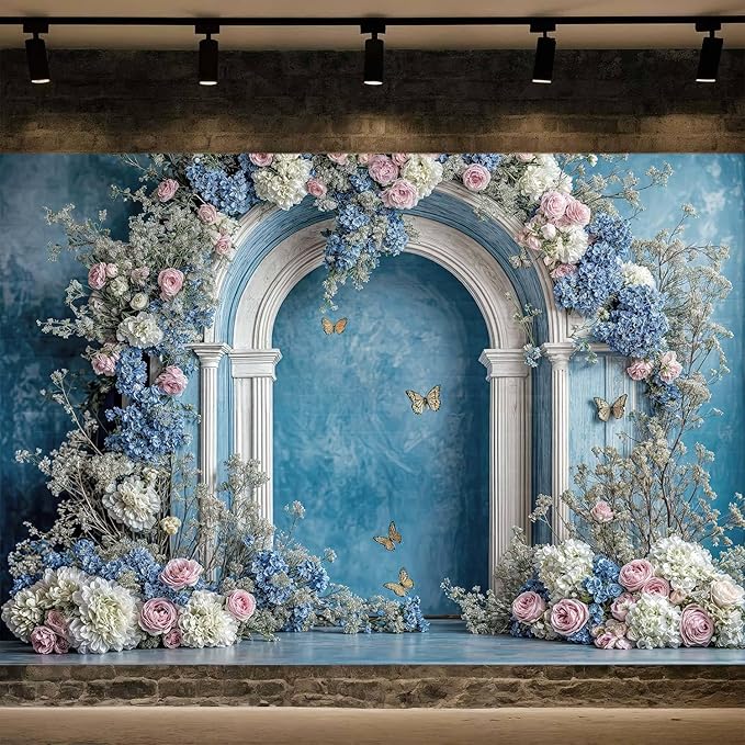 12X8ft Flower Backdrop Purple Floral Arch Retro Door Photography Backdrops Modern Interior European Style Wall Decoration Wedding Portrait Background Studio Photo Booth Props