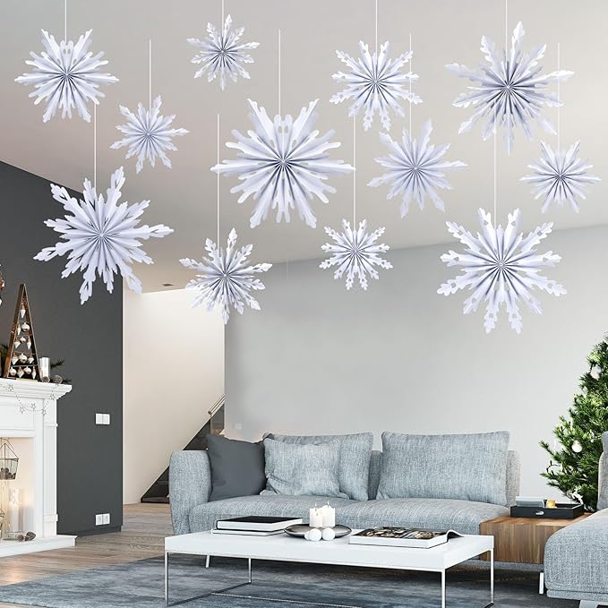 Fuyoooo 12 Pcs Snowflakes Hanging Decorations Blue Purple White Paper Fans Hollow Snowflakes Ceiling Hangings Decor Ice Birthday Fans Decor for Wedding Birthday Holiday Party Decoration(White)