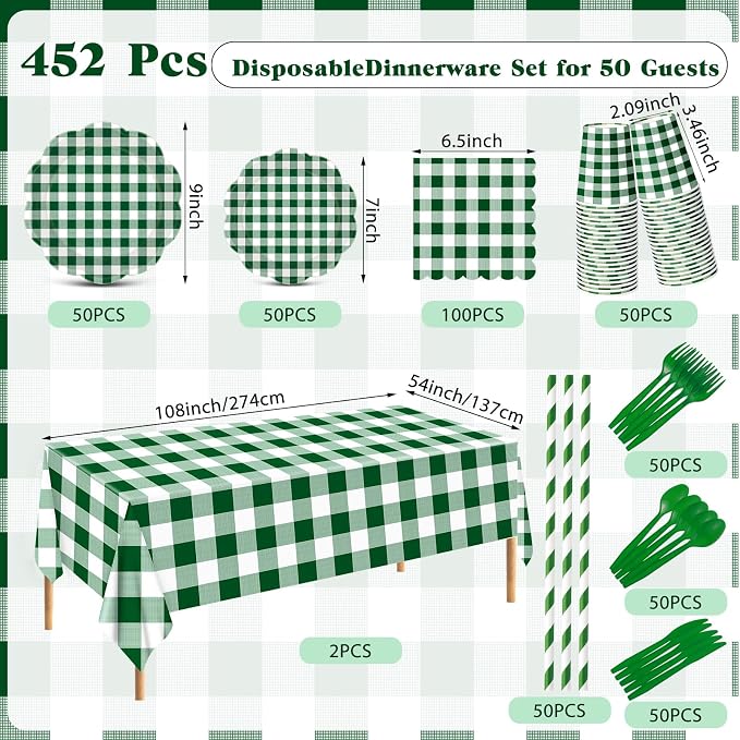 Funnymoom 452 Pcs Green Gingham Party Supplies for 50, Dark Green Plaid Checkered Paper Plates Napkins Cups Tablecloth Cutlery Straws for Holiday Birthday Baby Shower Party Decoration