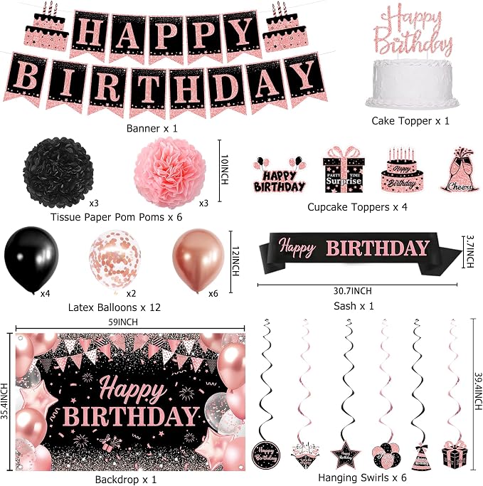 DARUNAXY Rose Gold Birthday Party Decorations Set | Happy Birthday Banner & Sash, Balloons Pom Poms Cake Topper Hanging Swirl Decor, Birthday Gifts Party Supplies for Women Girl