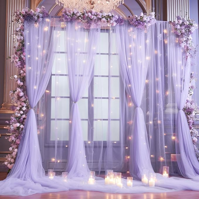 20x10ft Purple Tulle Backdrop Curtain with Lights String for Parites, Sheer Photo Backdrop Curtains with Lights for Wedding Backdrop Ceremony Reception Bridal Shower Baby Shower Birthday Party