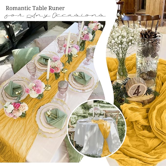 10 Pack Gold Cheesecloth Table Runner 17x108 Inch Semi Sheer Boho Gauze Cheese Cloth Table Runners, for Wedding Bridal Shower Birthday Party Home Decor Garden Farmhouse