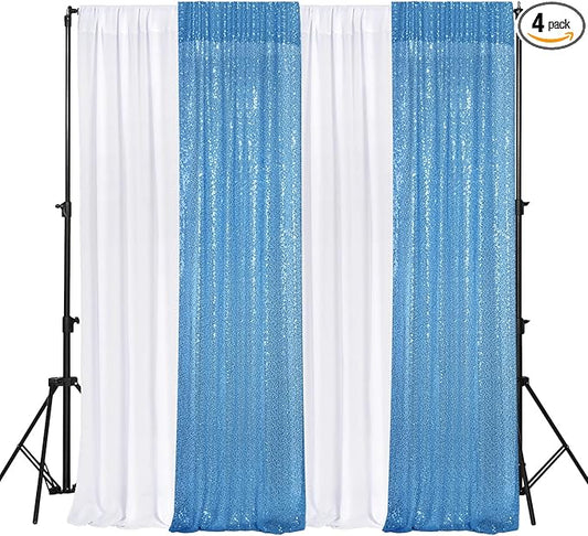 VitalCozy 4 Panels Backdrop Curtains 2 Pcs 4 x 10 ft Sequin Glitter 2 Pcs 7 x 10 ft Chiffon Photo Background Curtains for Graduation Wedding Birthday Party Decorations(White, Blue)