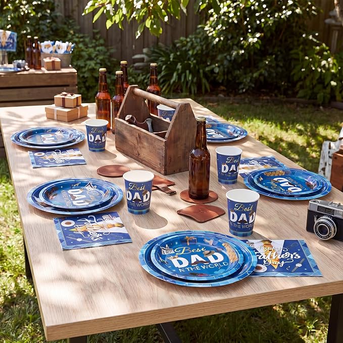 Jenaai 200 Pcs Father's Day Tableware Set Serve for 50 Guests 9" Dinner Plates 7" Dessert Plates Paper Cups and Napkins Set for Dinnerware Tableware Disposable Father's Day Party Supplies