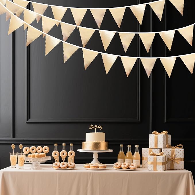 Champagne Gold Party Decoration Metallic Fabric Triangle Pennant Banner Flag Bunting Garland for Birthday Engagement Bridal Shower Wedding Anniversary Graduation Bachelorette Party Decoration Supplies