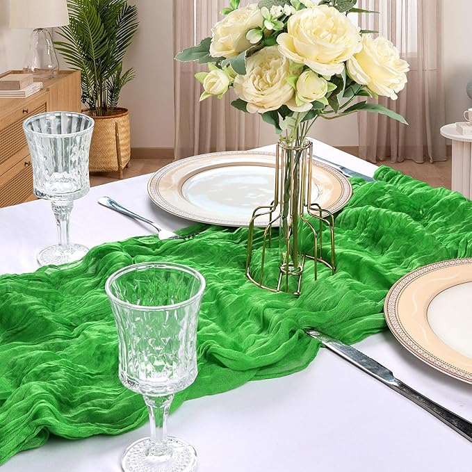 12 Pack 10FT Green Cheesecloth Table Runner 120 Inch Long Gauze Rustic Boho Spring Cheese Cloth Table Runner Sheer Fabric Decorations for Holiday Party Wedding Banquet Bridal Baby Shower Décor