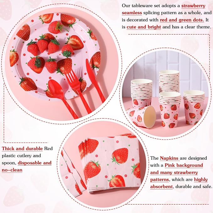 Ziliny 350 Pcs Strawberry Party Supplies Tableware Set Disposable 9'' 7'' Paper Plates 9 oz Cups Cutlery Napkins Dinnerware Set for 1st Berry First Birthday, Serve 50 (Strawberry, Red, Pink)