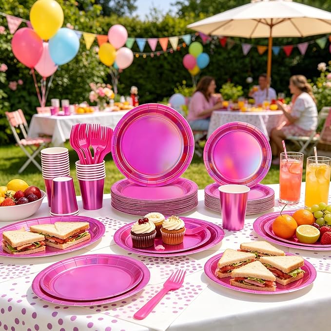 Hot Pink Iridescent Plates and Napkins Party Supplies Set for 24 Guests, Disposable 9’’ and 7'' Holographic Paper Plates, Cups, Forks, Napkins Tableware for Mermaid, Birthday Party Decorations