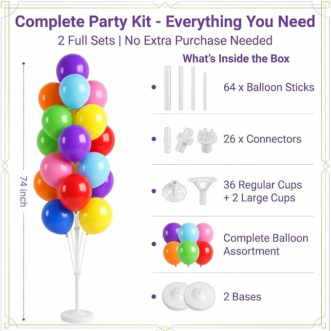 Balloon Column Kit Set of 2 With Balloons Assorted Color - Balloon Stand with Base&Pole,Balloon Tower Backdrop Decoration for Wedding, Baby Shower, Birthday Party, or Bachelorette Parties