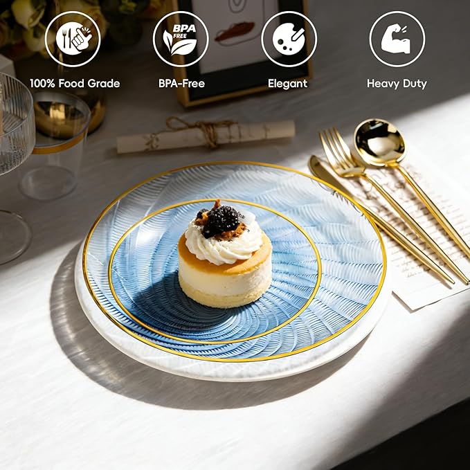 N9R 180 PCS Disposable Dinnerware Set with Gold Rim Blue Plastic Plates for 30 Guests, Include 30 Dinner Plates, 30 Dessert Plates, 30 Cups, 90 Heavy Duty Gold Plastic Silverware for Party & Wedding