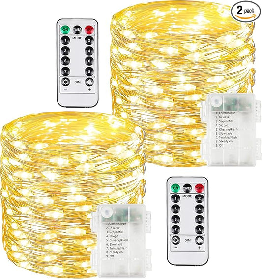 2 Pack 200 LED Fairy Lights Battery Operated with Remote, 8 Modes String Lights Indoor Outdoor, Cuttable Battery Light for Home Bedroom Wedding DIY Centerpiece Christmas Decorations (Warm White)