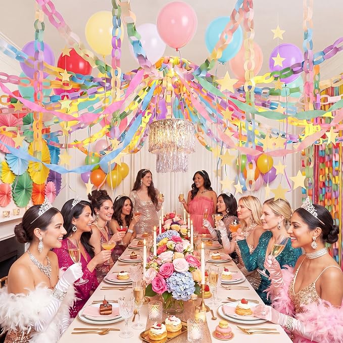 Blueweenly Fancy Princess Birthday Party Decorations Paper Chain Garland Strip Ceiling Party Classroom Decor Crepe Streamer Glitter Star Chandelier Balloons for Wedding Birthday(Macaron,Small,8 Pcs)