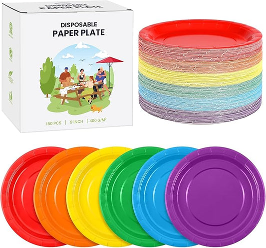 Kochorie 150 Pieces Rainbow Disposable Paper Plates 9 Inch Heavy Duty Dinner Plates, Solid Color, Table Decorations Party Supplies for Birthdays, Weddings, Daily Use