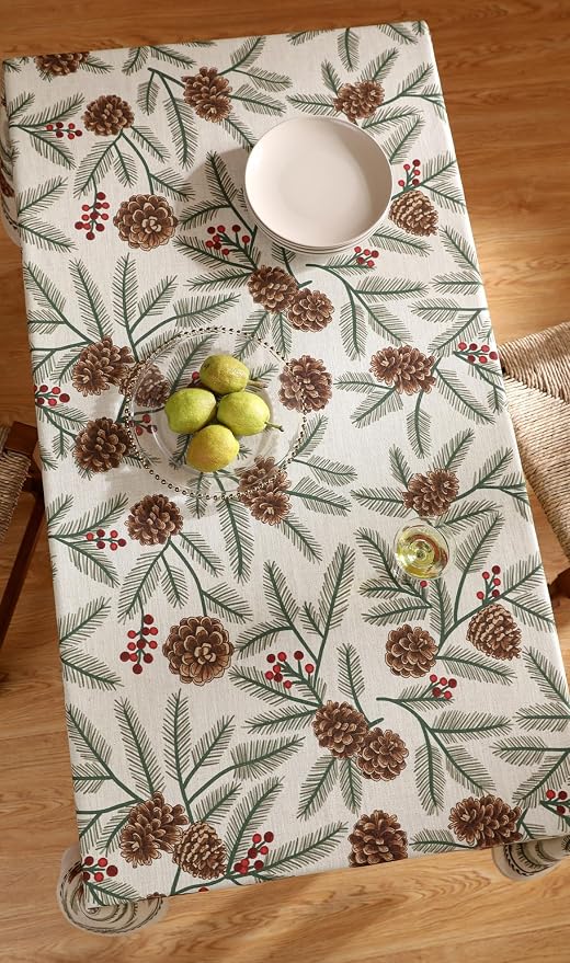 ISAENNE Designer Vintage Linen Square Tablecloth,67"x67"-Carol B | French Elegant Table Cloth for Square Table,Pinecones Pattern,Decoration,Dining,Kitchen,Tea Party,Thanksgiving,Christmas