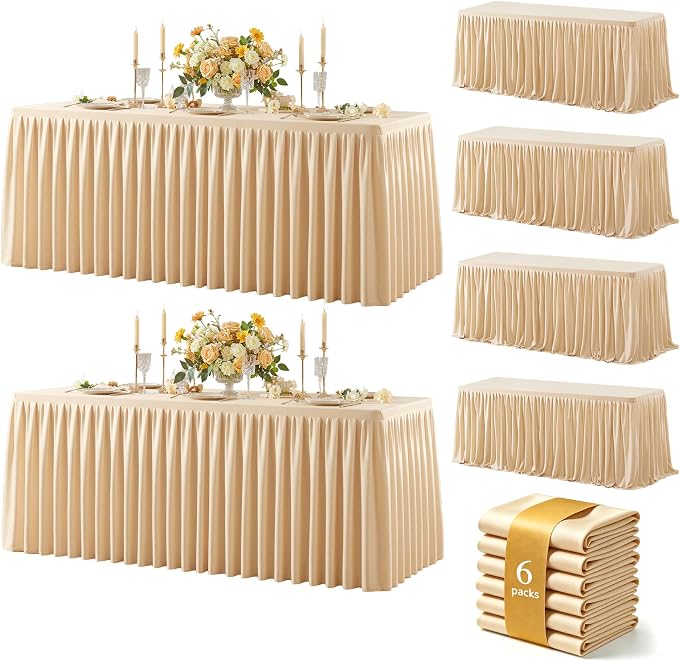 Dark Champagne Polyester Table Cloths for Rectangle 8 Foot Tables, 6 Pack Wrinkle Free Tablecloths Stretchy Banquet Ruffle Fitted Table Cover Desk Skirt for Parties Wedding Birthday Baby Shower