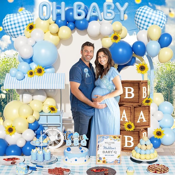 Baby Q Baby Shower Decorations for Boys, 128 PCs - BBQ Baby Shower Party Supplies with Blue Babyq Backdrop, Balloon Garland, Gingham Tablecloth, Cake Topper